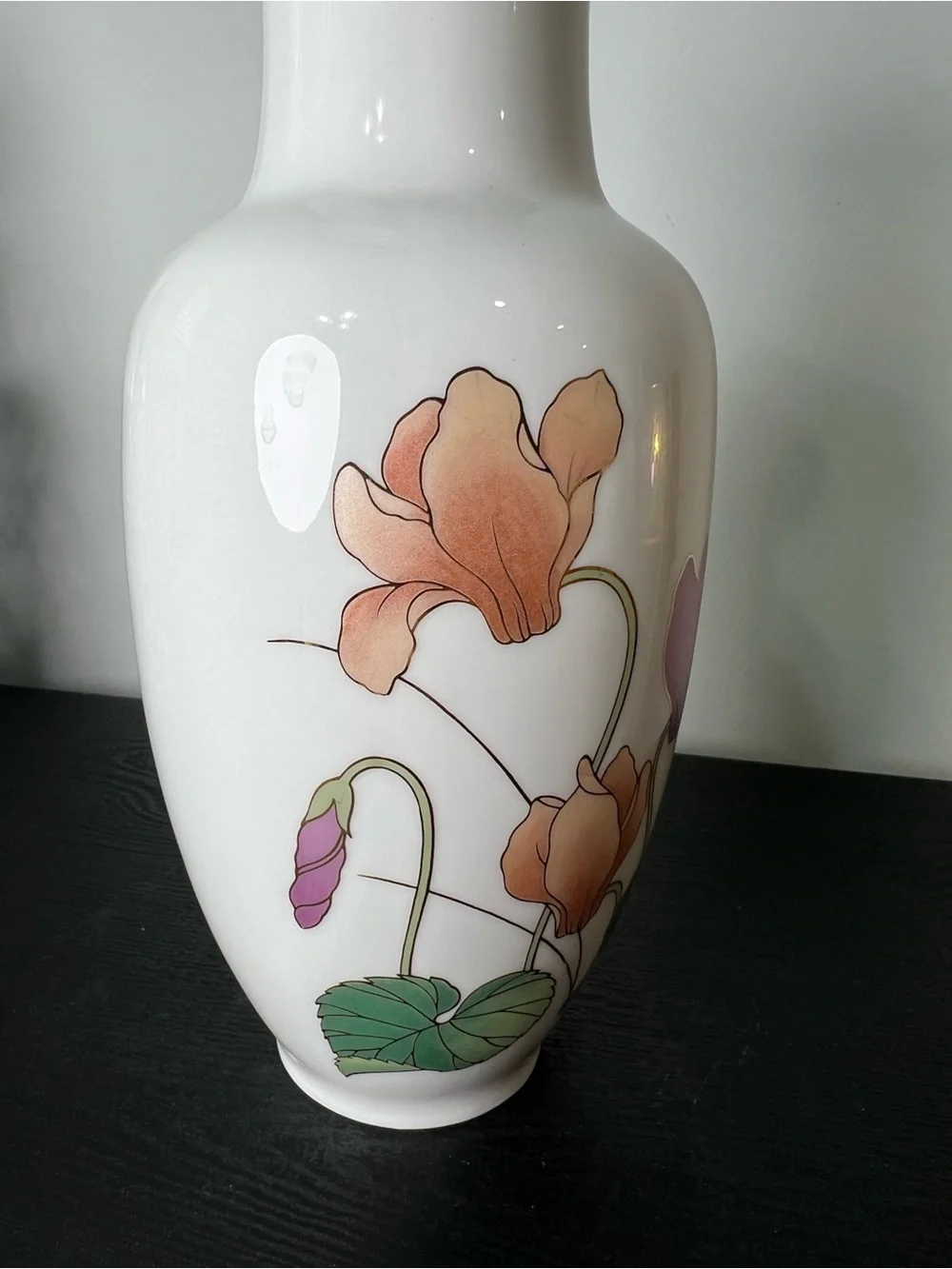 Vintage Japanese Porcelain White Vase with Peach & Purple Cylcamen Floral Design